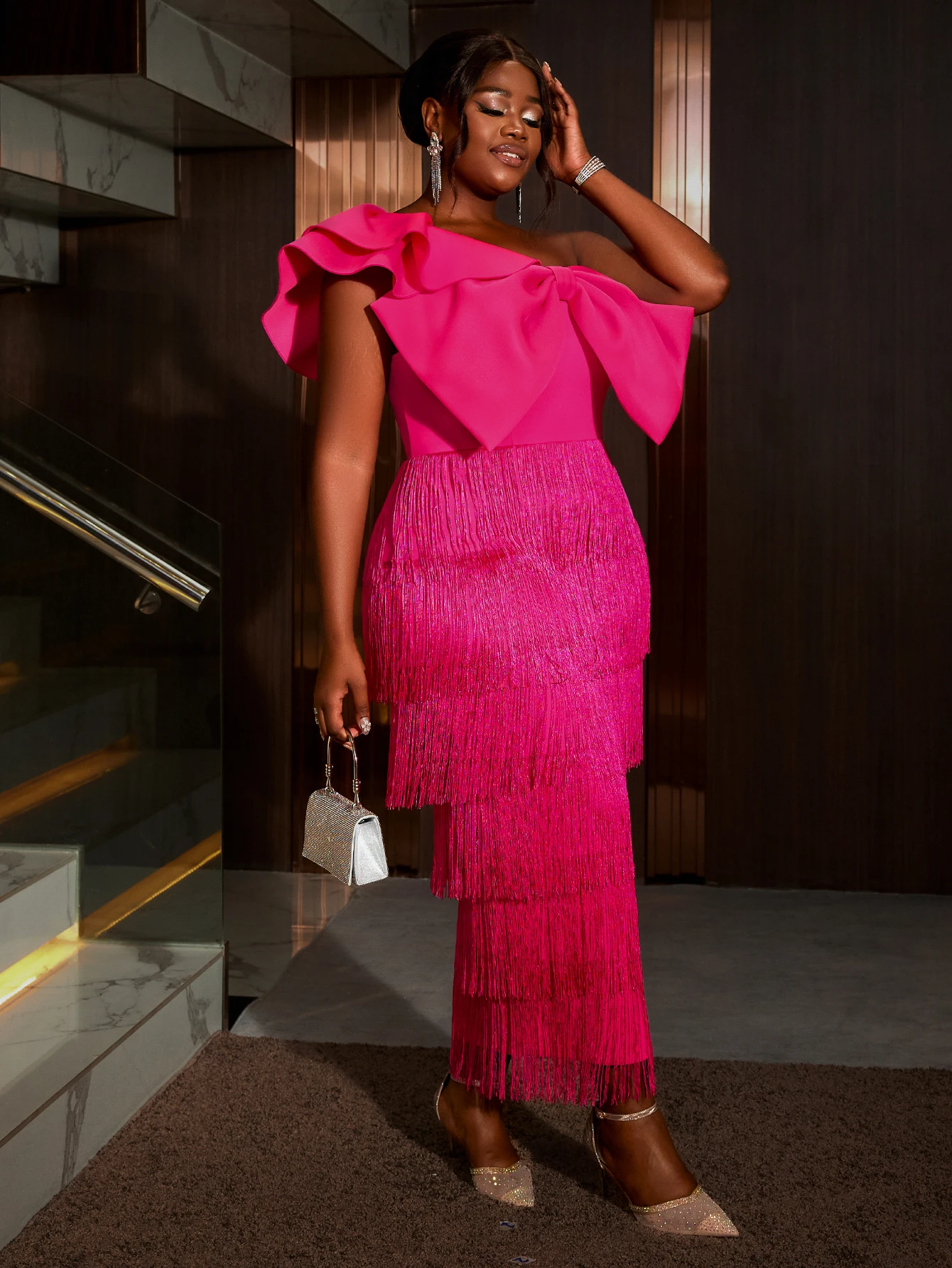 One Shoulder Ruffle Aline Dress with Matching Bow Clip -Pink