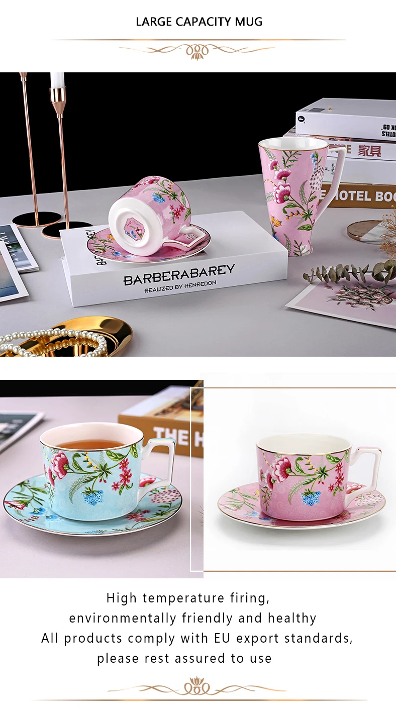 Hawaiian style 2023 pink and green afternoon dinnerware set bone china coffee cup and saucer factory