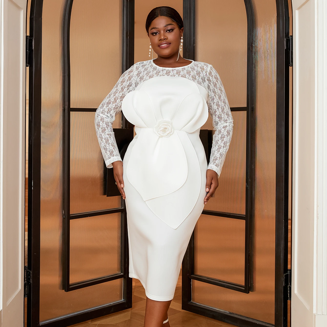 AM030123 Peplum Midi Plus Size Robes African Lace Fabric Flower