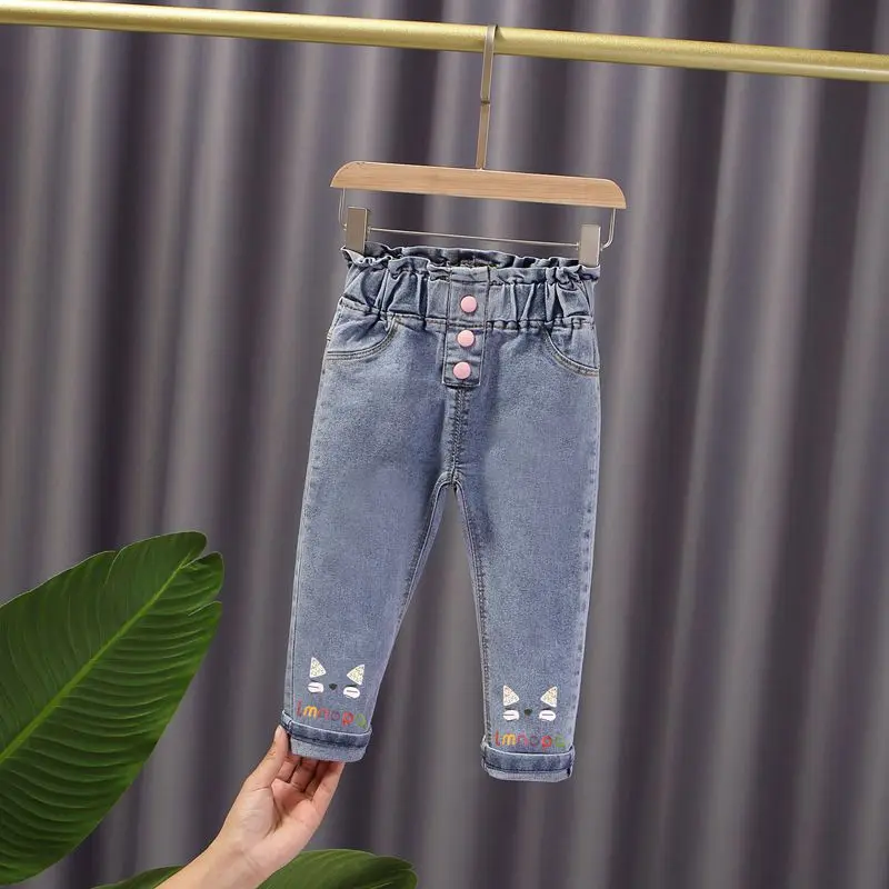 Джинсовый комбинезон для маленьких девочек, штаны с мультяшным принтом, детская одежда, джинсы