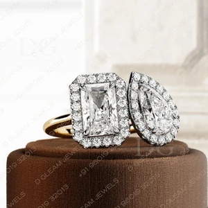 2.5 Carat D VVS Radiant Pear-Cut Moissanite Two-Tone Toi Et Moi Halo Engagement Gift Wedding Anniversary Ring IGI Certified