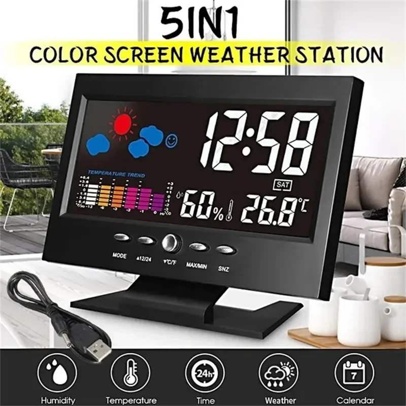 Colorful Backlight Digital Alarm Clock Weather Forecast Station Alarm Clock with Date/Temperature/Humidity/Snooze Display