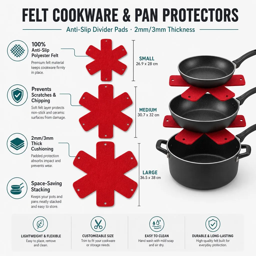 Infographic of six-lobed felt pan protectors showing 100% anti-slip polyester felt, scratch and chipping prevention, 2 mm and 3 mm thickness and small medium large sizes