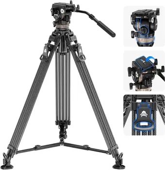NEEWER 78" Carbon Fiber Video Tripod With Fluid Head, One Step Release Lock Tripod With 6 Level Dynamic Counterbalance, 4 Level