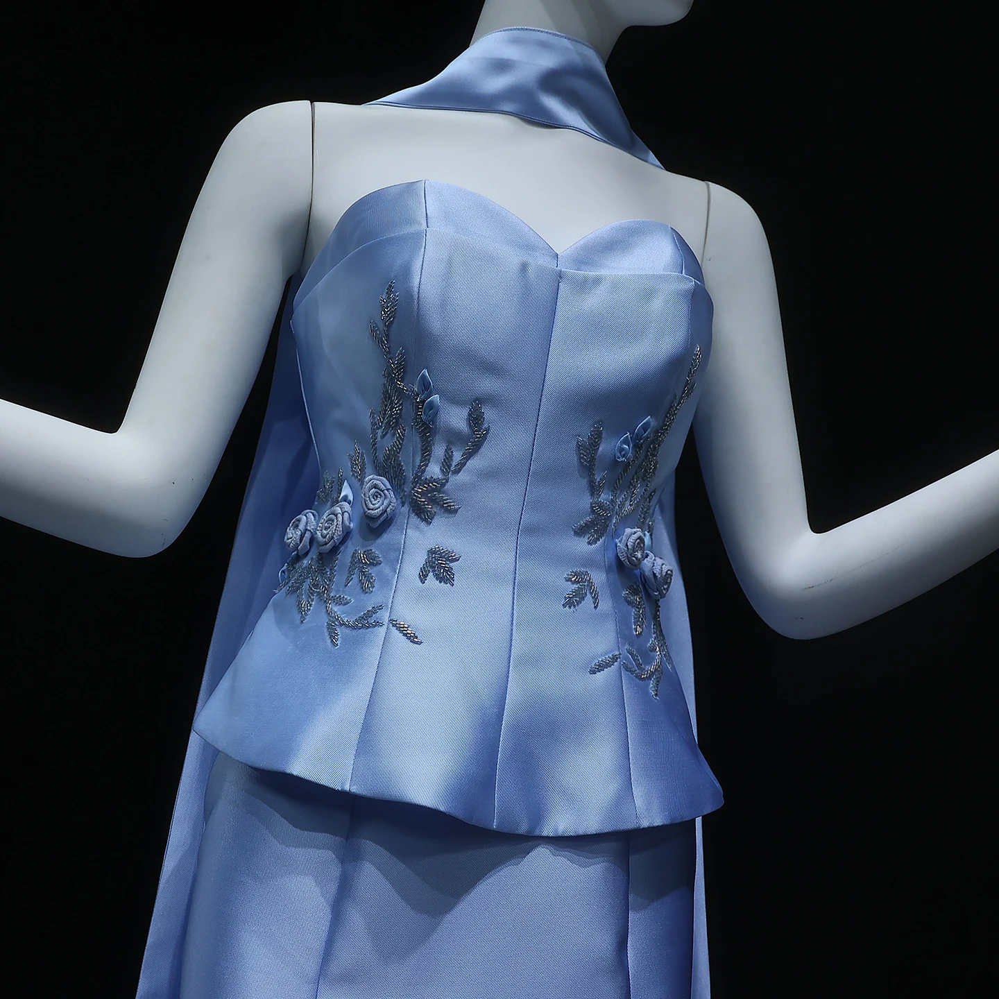 Sharon Said SS245 Elegant Blue Satin Mermaid Evening Dress with Scarf 3D  Flowers Arabic Women Wedding Party Gowns