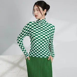 2025 Summer Miyake Latest Fashion Design Printed Plaid Pattern Long Sleeve Top Women Casual Pleated Elastic Shirt