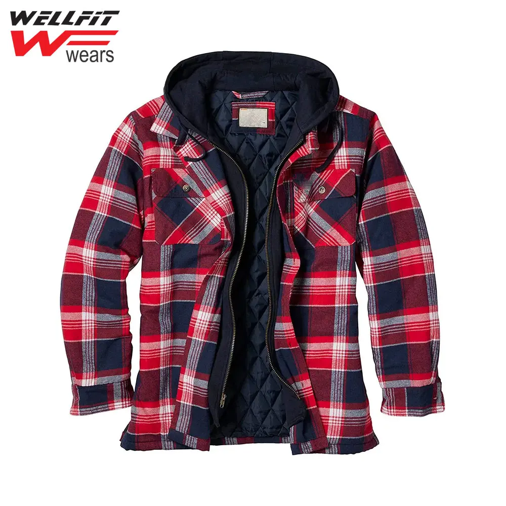 Men's Flannel Shirt Jacket With Removable Hood Plaid Quilted Lined