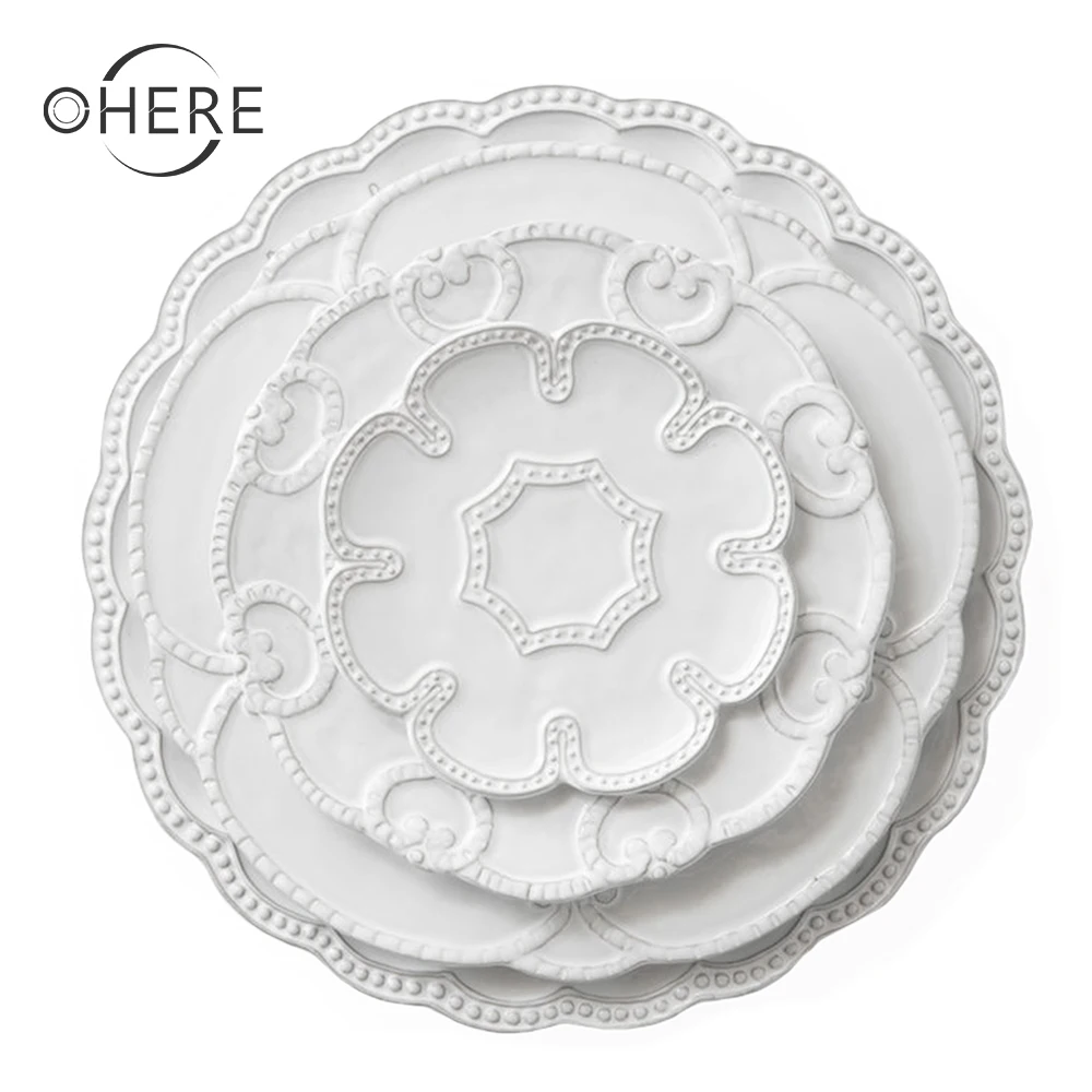 Ohere Bulk Serving Plates Porcelain Wedding Dishware High Quality Pink Embossed Ceramic 13inch Charger Plates
