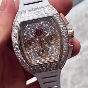 Top Selling Custom Design Round Dial Dual Tone Hip Hop Bust Down Luxury Rubber Strap VVS Lab Grown Outdoor Sports Watch for Men