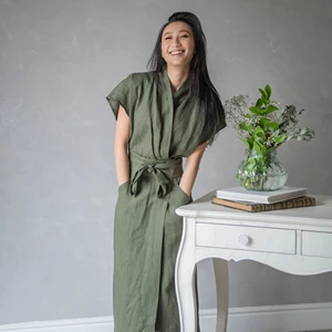 High Quality Kimono Linen Wrap Dress Green Linen Kimono Wrap Dress Linen Elegant Long Kimono Oversized Clothes for Women