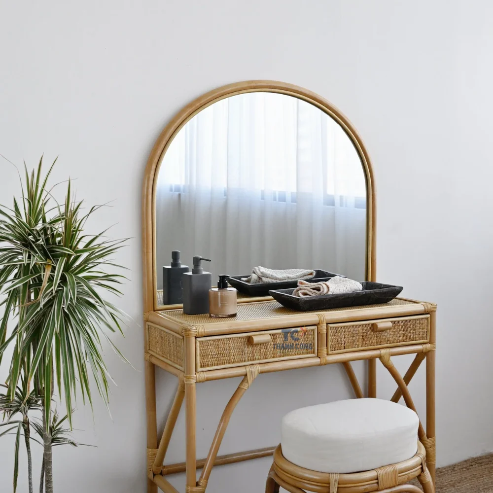 New Model Vintage Make up Vanity With Mirror for Girls Room Rattan Vanity Set Bedroom Furniture Makeup Vanities Wholesale