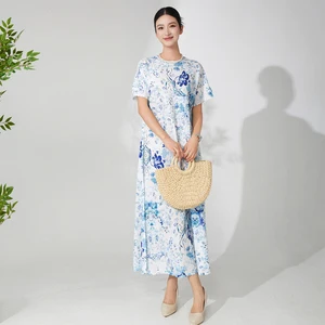 Wholesale Clothing Women's Elegant Dress Design Summer Stretch Loose Print Casual Dress Miyake Pleated Dress