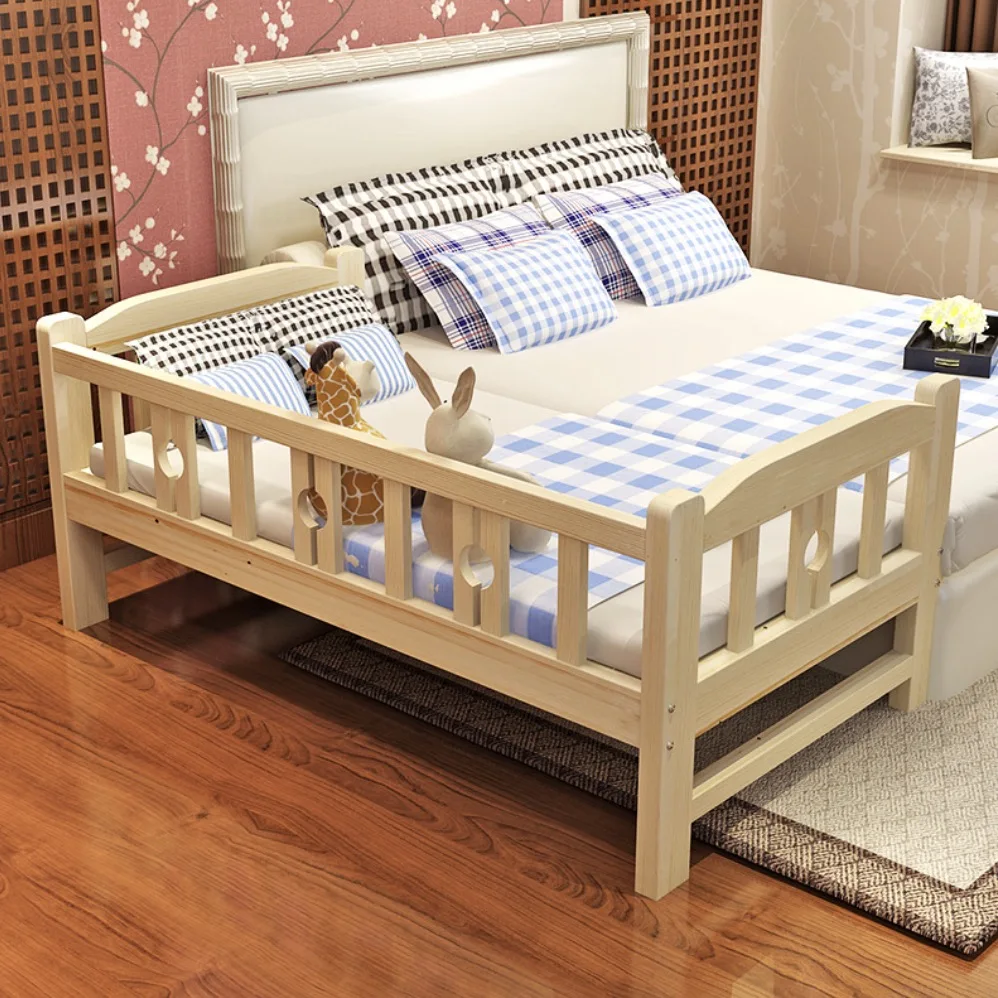 Children's Solid Wood Kids Bed With Guardrail Stitching Widened Bed Boy ...