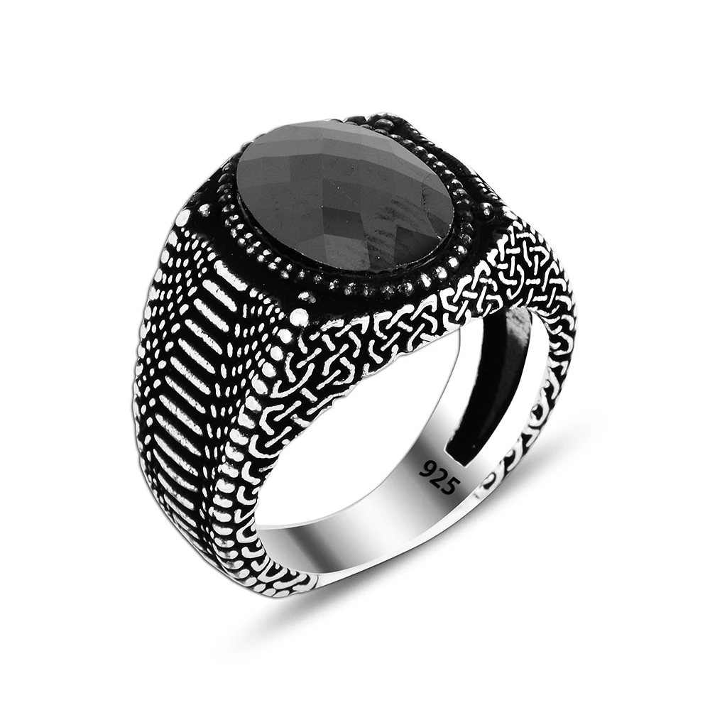 Black Stone Art Design Luxury Men Ring 925 Silver Jewelry Wholesale