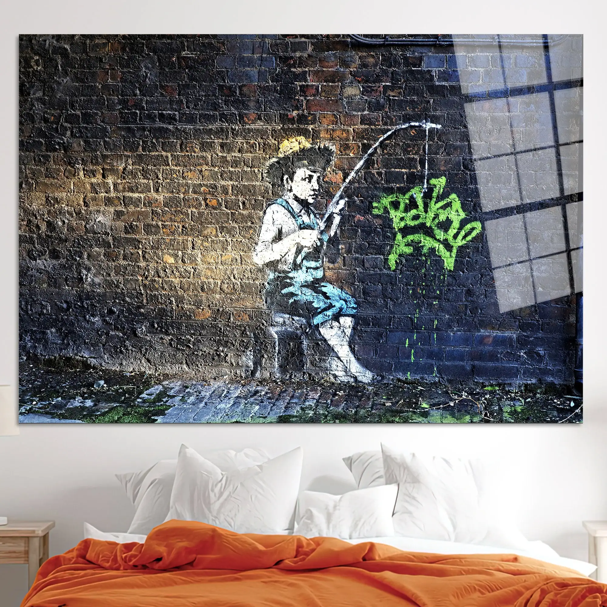 Banksy Fishing Boy Canvas Print: Urban Graffiti Art Decor,TEMPERED