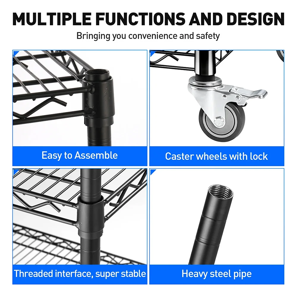 4-Tier Heavy Duty Wire Shelving with Wheels 2400 Lbs Capacity Adjustable Black Metal Garage Storage Shelves for Kitchen Use