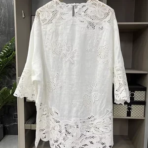 Lady Casual White Line Blouse with Sexy O-Neck Hollow Out Embroidery Long Sleeve for Spring Season-One Size Fits All