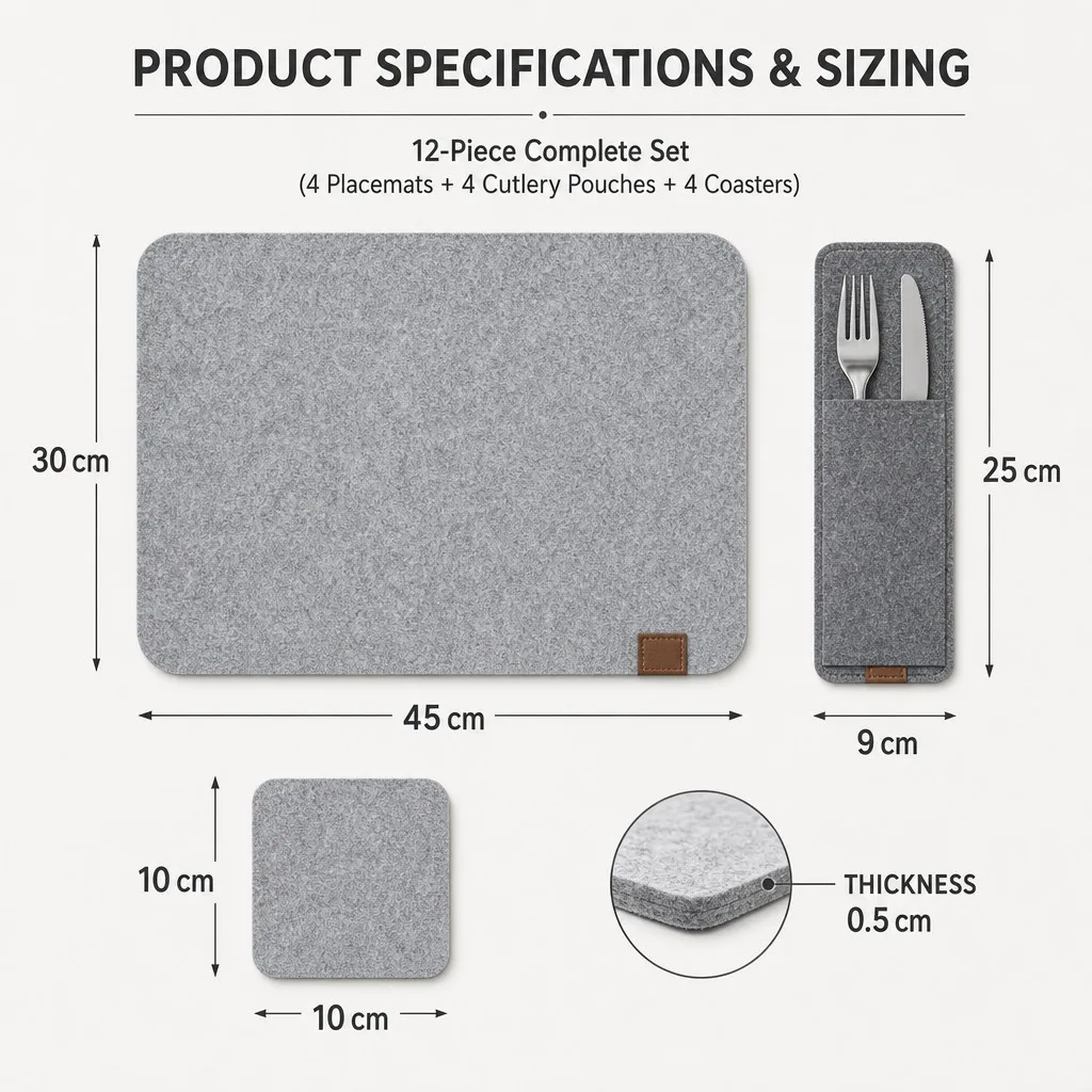 product specifications and sizing: 12-piece set, 4 placemats + 4 cutlery pouches + 4 coasters, 45 x 30 cm placemat, 25 x 9 cm pouch, 10 x 10 cm coaster, 0.5 cm thickness