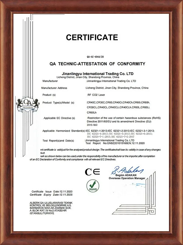 RoHS conformity document for listed RF CO2 Laser models