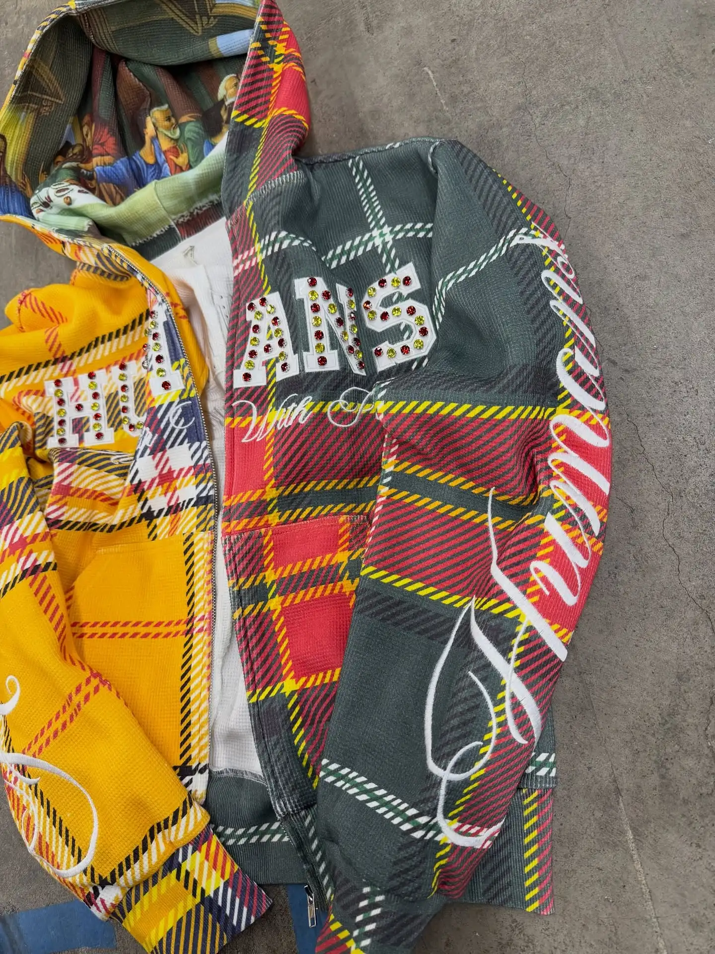 Custom Color Blocked Zip up Jacket Oversized Cotton Terry Acid Wash Cut and Sew Striped Plaid Rhinestone Flannel Hoodie Men gallery 3