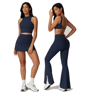 Wholesale Fashion Solid Yoga Sets Fitness Women High Waist Three Piece Flare Leggings Set Long Sleeve and Pants Sets