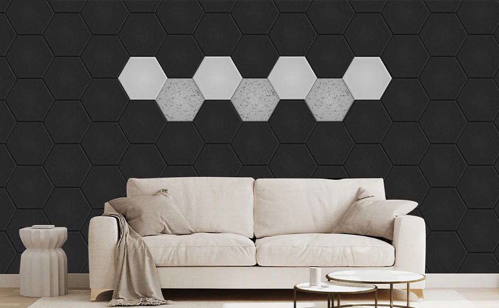 High Density 30*30cm Self-Adhesive Acoustic Panels 12 Pack Stylish Hexagonal Design Flame Resistant Living Room Bedroom Hotel details