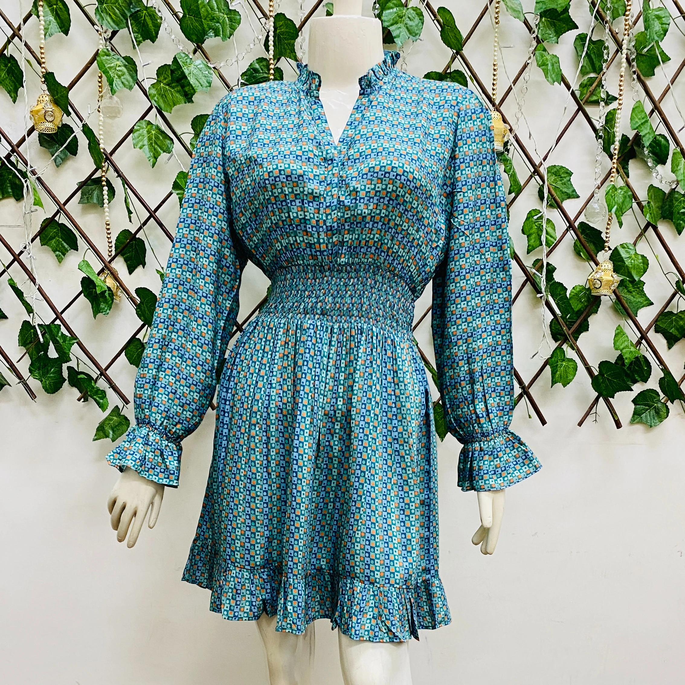 Export Selling Digital Printed V Neck Layered Crepe Fit and Flare Dress for Party and Casual Wear Available at Bulk Quantity