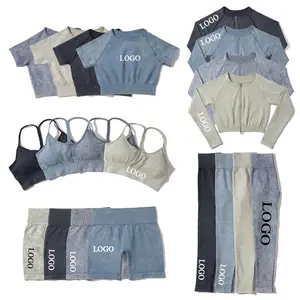 Women's Sets Seamless Acid Wash 5 Piece Yoga Set Athletic Sports Wear Gym Fitness Clothing Set