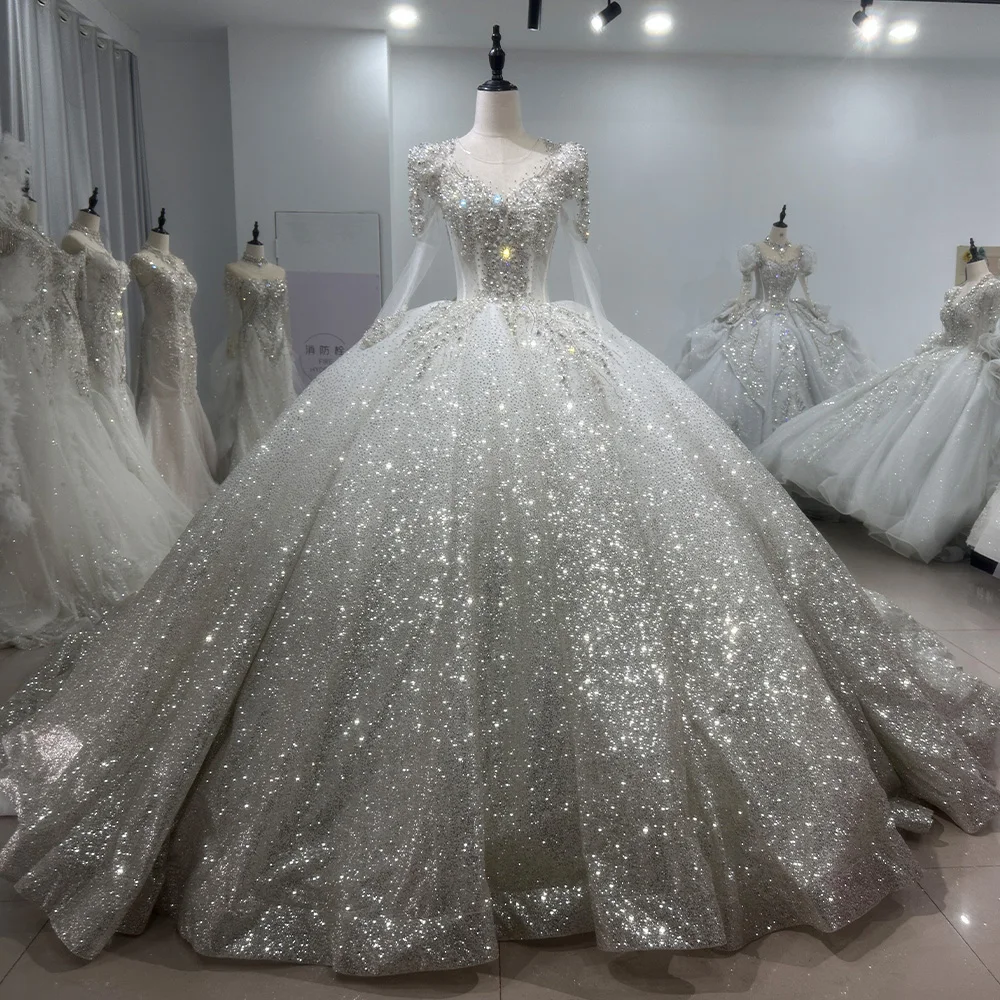 Jancember XS081 Glitter Long Sleeve Sequins Beaded Ball Gown