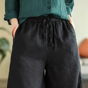 Women's Elegant Linen Wide Leg Shorts Summer Casual Regular Fit Elastic Waist Comfortable Plus Size Woven Weave Natural Button