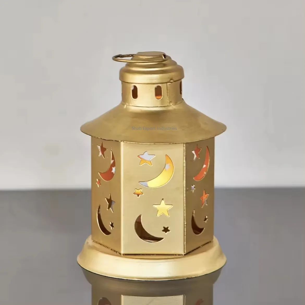 Moon and Star Cut Work Design Golden Mini Candle Lantern