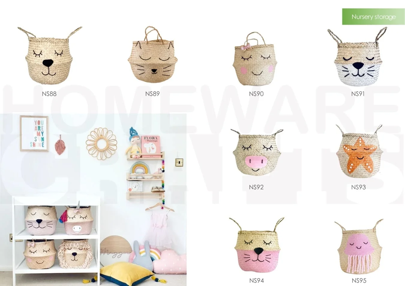 Cute Animal Belly Seagrass Kid Basket Natural Collapsible Laundry