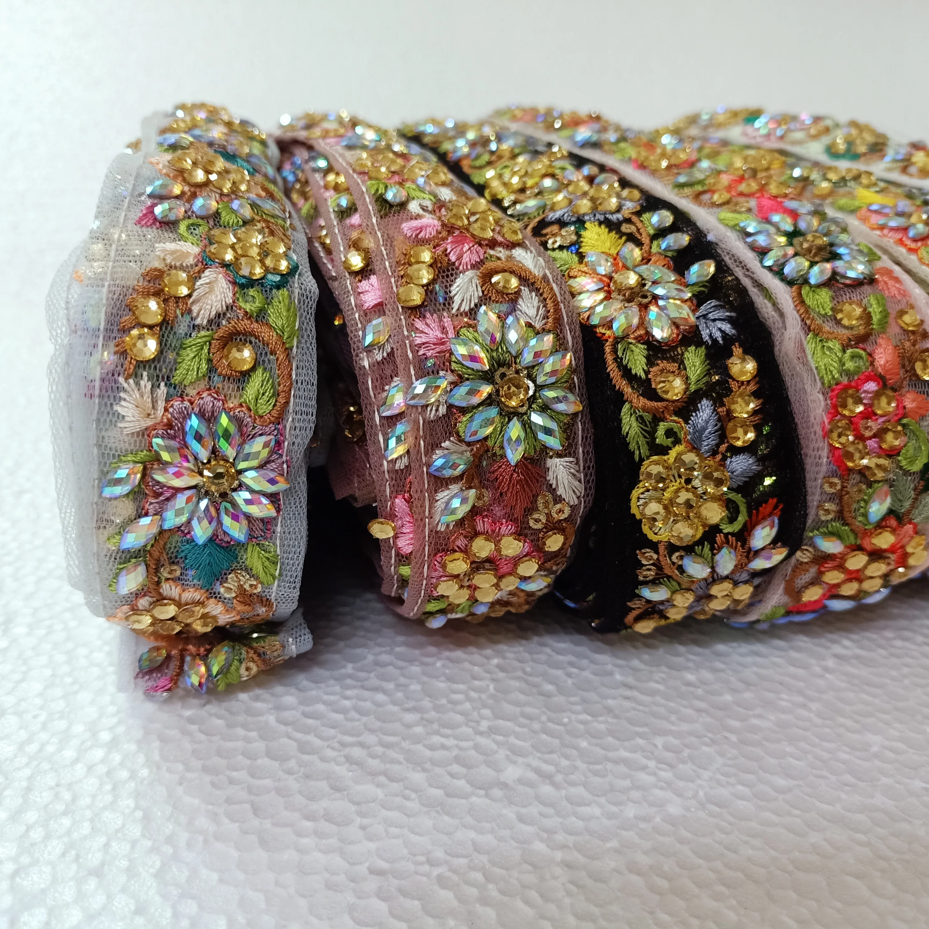 Custom Made Floral Embroidered Laces with Stone Work Ideal for Dress Designers and Clothing Designers with Mirror Work