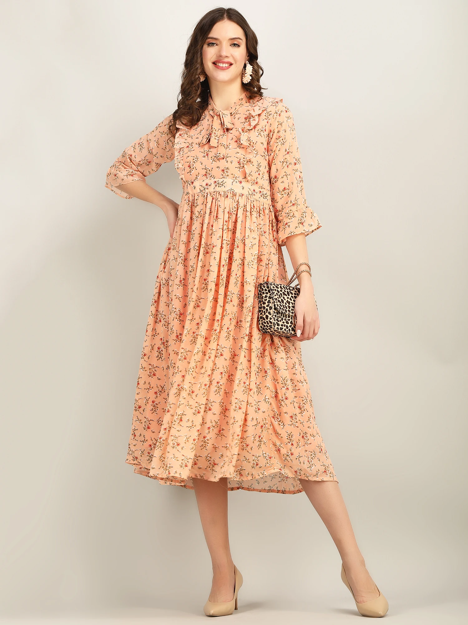 Stunning Peach Fit And Flare Floral Printed Dress For Women