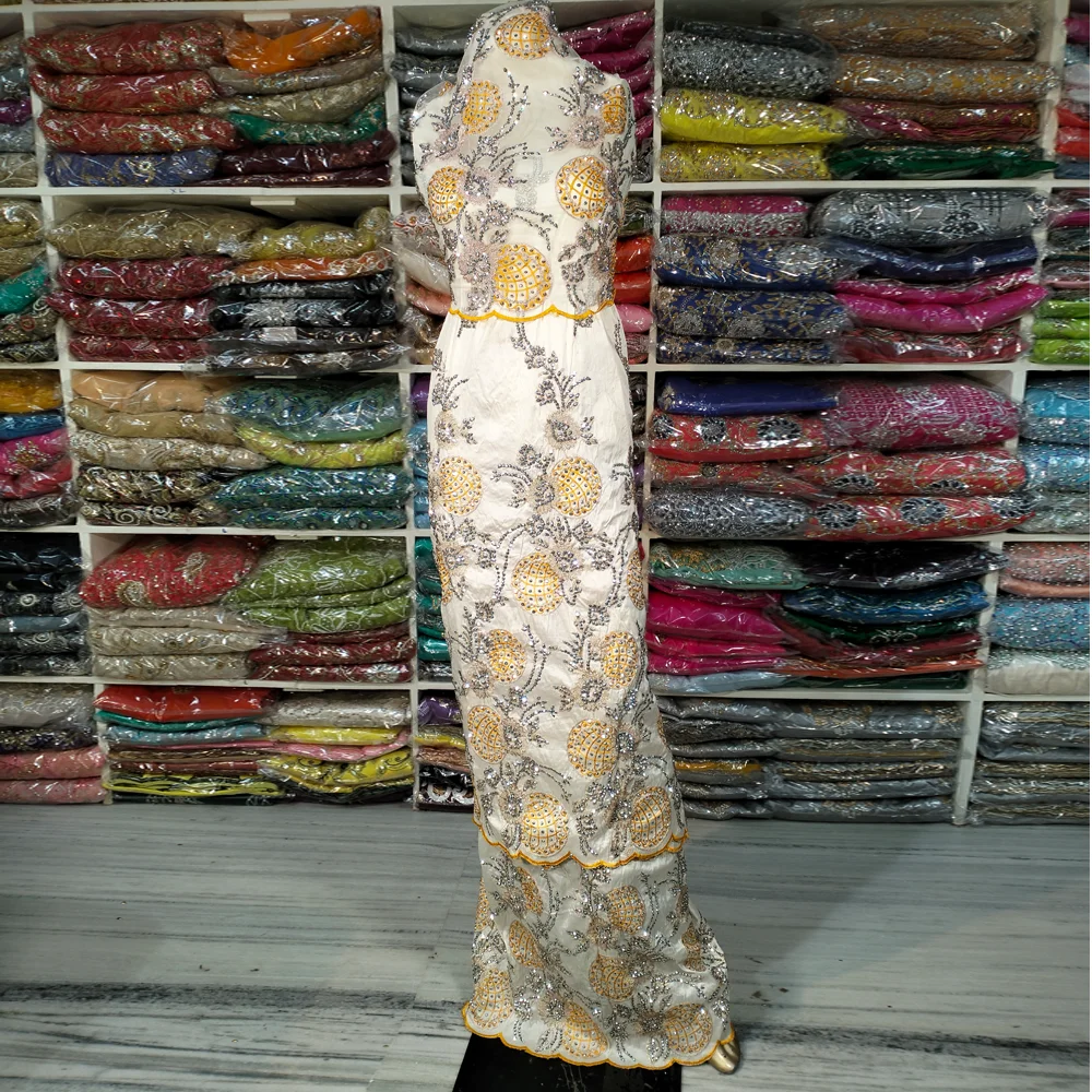 High Quality Embroidered Indian Raw SIlk George Wrapper Silver Stone Handmade Bead Nigerian Traditional Dresses Women Clothing