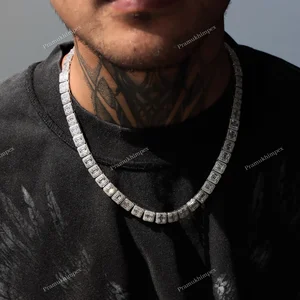 Authentic Moissanite 925 Sterling Silver Gold Plated Hip Hop Tennis Chain Baguette Cut Party Wedding Fashion Necklace