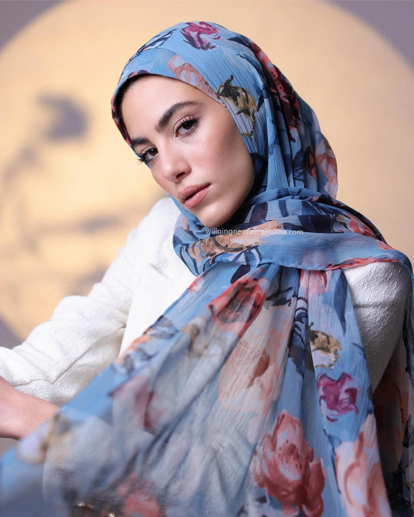 Printed Silk Chiffon Shawl Long Silk Chiffon Scarf Light Blue