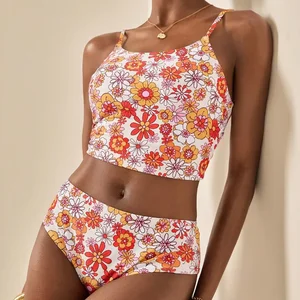 Lunxry Women's Floral Print Bikini Set Summer High Waist Swimwear with Strap Custom Fix 2-Piece Set with Front Logo