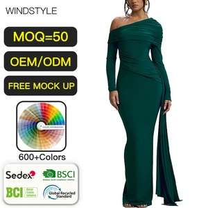 OEM/ODM Dresses for Women with Diagonal Collar Long Dresses Sleeves Sexy Tight Pleats Floor-Length Party Dresses