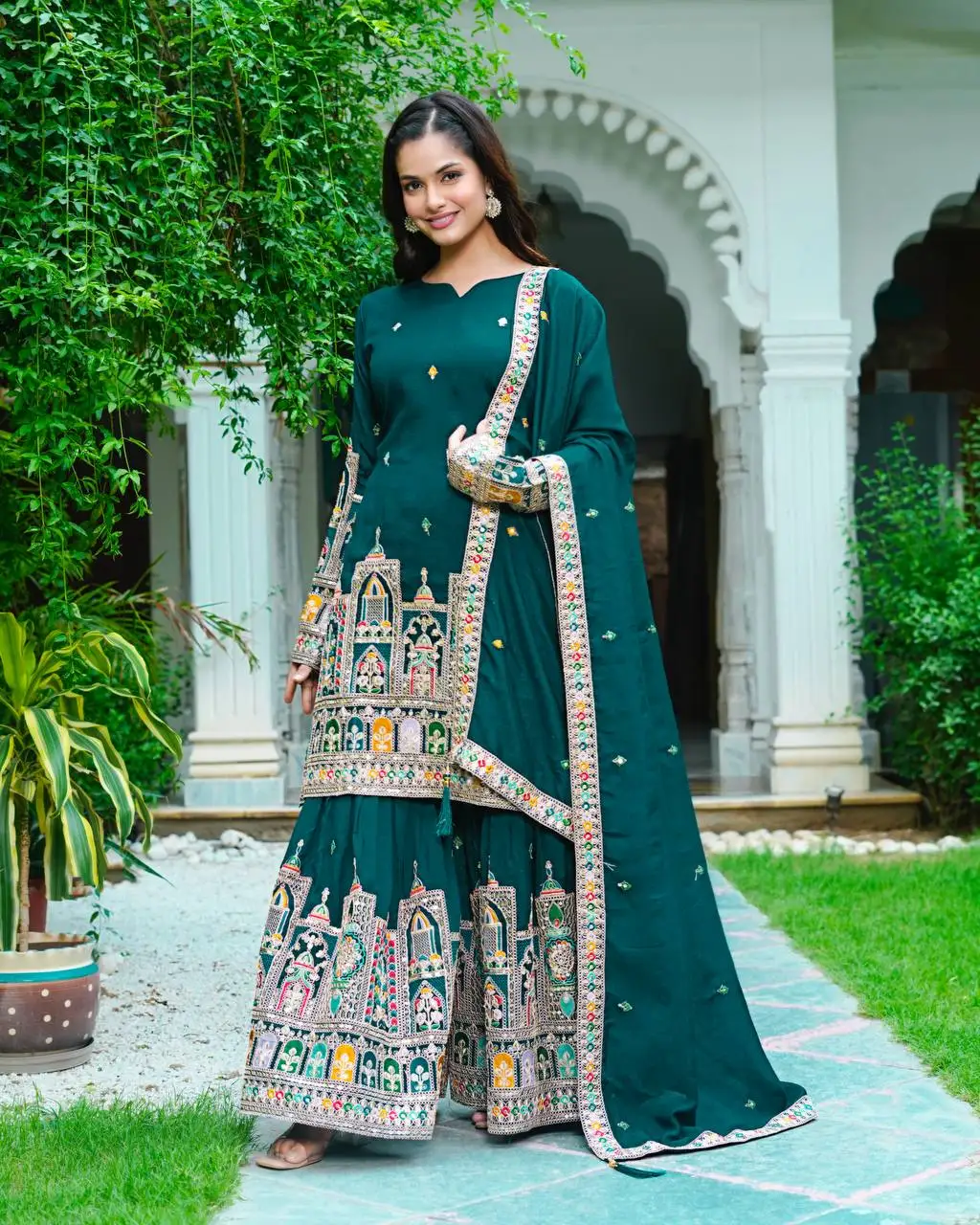 green color pakistani dresses Designer Dress Material Sharara Designer Bridal Collection Sharara Suit With Long Kameez In New filter-neckline:Button-Down
