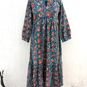 Autumn Collection Hand Block Printed Solid Pattern Maxi Dress Indian Tunics Nonwoven Weaving Method Floral Print Maxi Dress