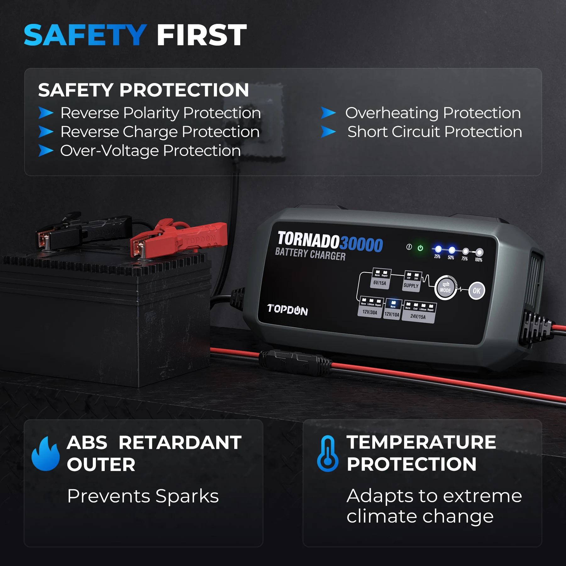 TOPDON T30A 12V 30A 10A 24V 15A автоматическое интеллектуальное автомобильное зарядное устройство для тяжелых грузовиков /