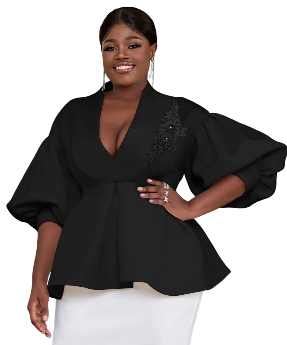 Formal Blouse Designs Ladies Dress Blouses And Tops Factory Wholesale Black Lantern Sleeves V Neck Applique Women Blouses| Formal Blouse Designs Ladies Dress Blouses And Tops Factory Wholesale Black Lantern Sleeves V Neck Applique Women Blouses|