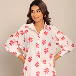 Top Quality Fall Spring White and Red Floral Printed Relaxed Shirt With Collar and Closer 6 Buttons Loose Available Big Size