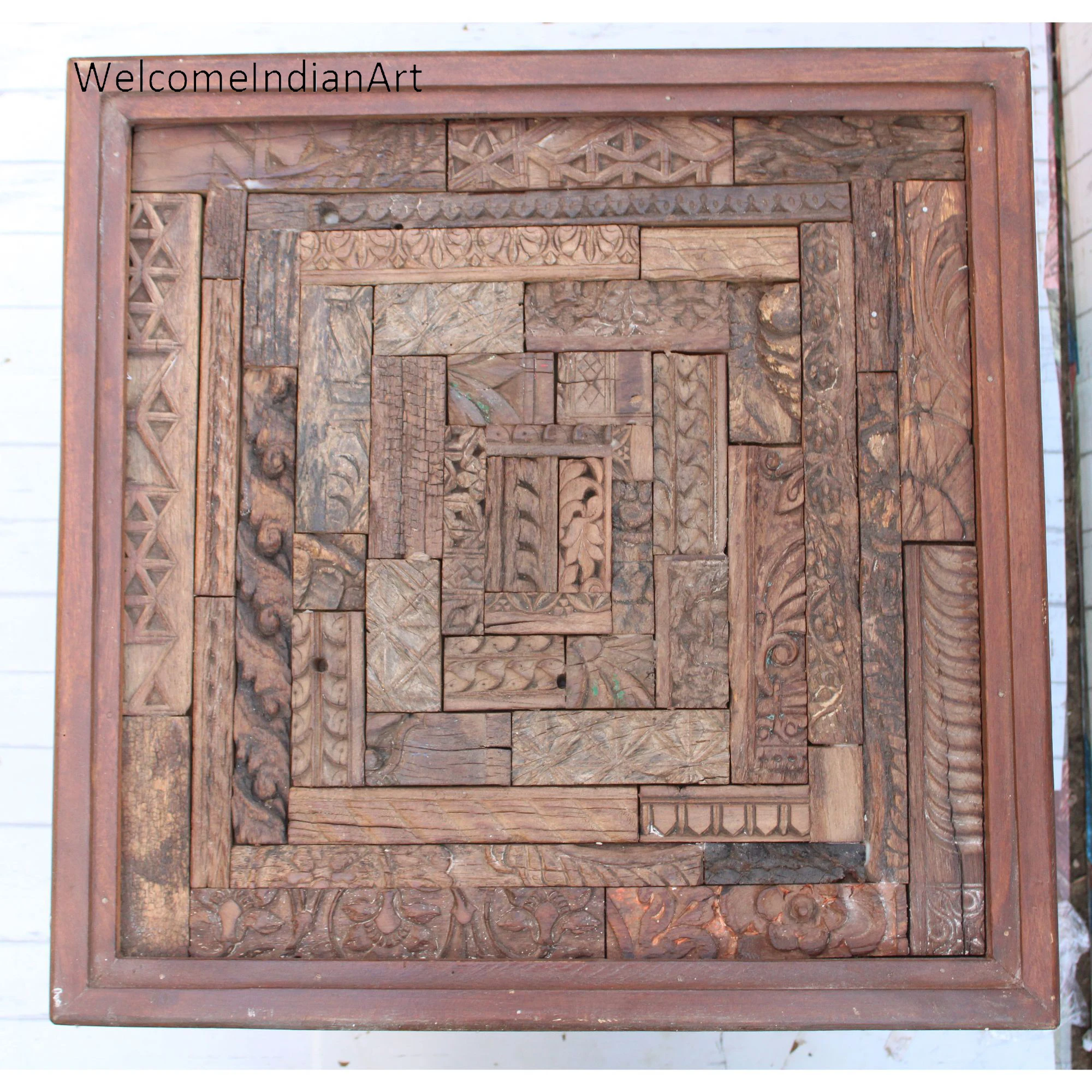 Handcrafted Wooden Coffee Table Traditional Printing Block Design Artistic Centerpiece Portable Unique Home Furniture for Living