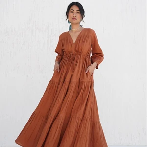 High Quality Organic Cotton Solid Maxi Dress Fashionable V-Neck Long Sleeve Comfortable Tiered Layered Design Eco-Friendly