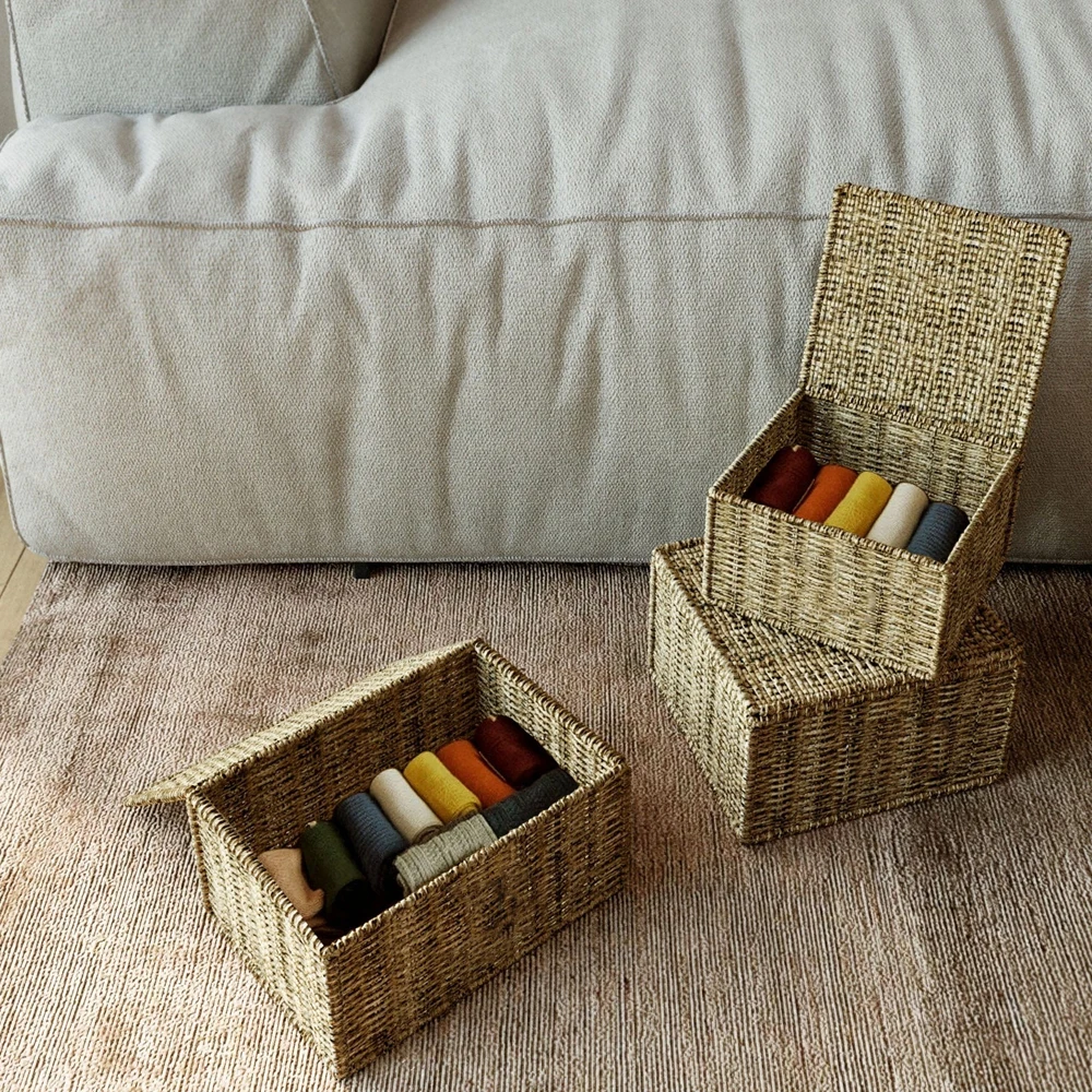 Set Of 2 Seagrass Storage Basket Box With Lid Basket Organizer For Home Storage Decorative