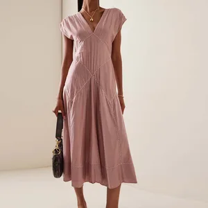 Clothing Manufacturers Custom Spring Summer Autumn Casual Skane Cotton Short Sleeve V Neck Striped Midi a Line Slit Dress