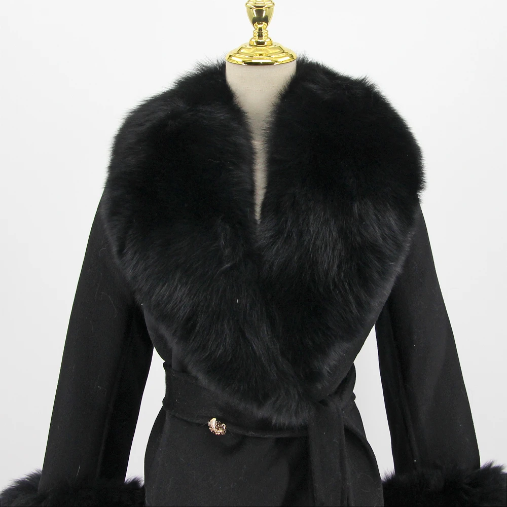 2025 Oem Ladies Elegant Double-sided Wool Coat New Real Fox Fur Big Collar Long Cashmere Wool Jacket For Spring Autumn Winter - Image 5