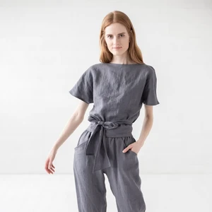 Wholesale Oversized Linen Blouse Loose Slim Fit Medium Length Tie Waist Front Knot Classic Style Applique Short Kimono Linen Top